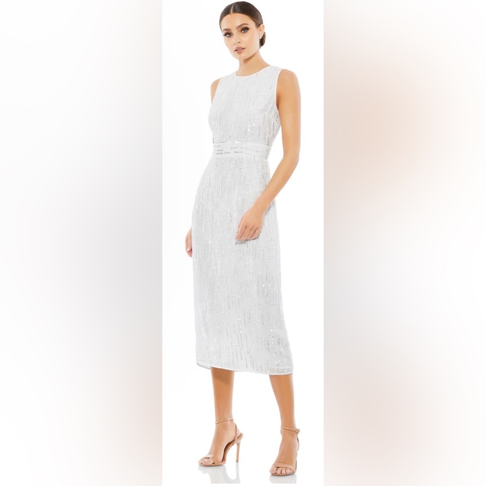 1. Mac duggal ABSTRACT BEADED SLEEVELESS MIDI SHEATH DRESS